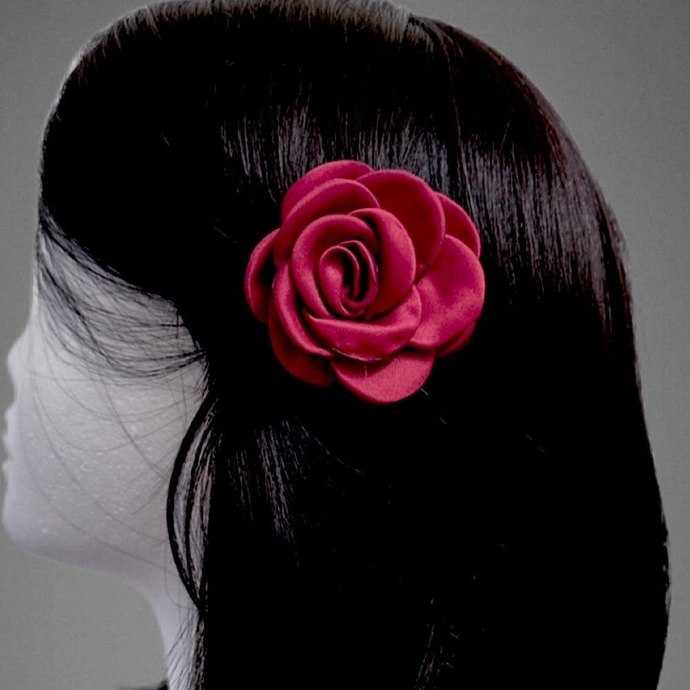 With All My Heart Art & Designs- Hand Crafted Satin Singed Edge Rose Barrette-